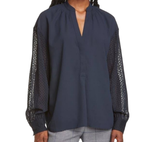 Club Monaco Navy Blue Lace Sleeve Blouse - Picture 2 of 13